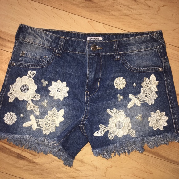Bebe Bottoms New Bebe Girls Denim Shorts Crochet Flowers 12 Poshmark